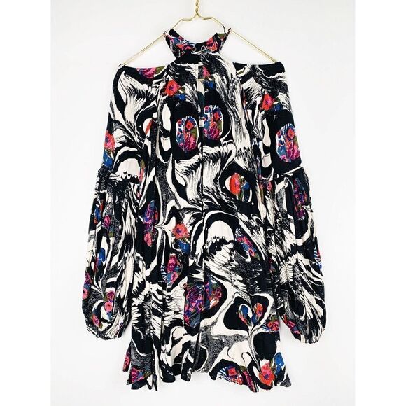 Free People Drift Away Tunic Dress Women's Small Black Floral Cold Shoulder - Picture 6 of 6
